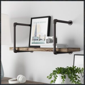 Industrial Wall Mounted Shelf with Wood Base on steel Pipe - Gauge and Valve Detail - Steampunk Home Decor