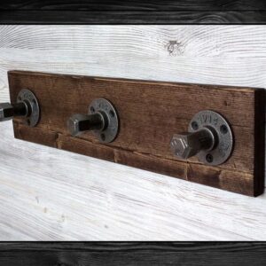 Wood Base Wall Hanging 3 Rustic Pipe Straight Hooks - Hand Made Industrial Home Rack / Storage & Organization