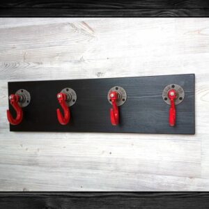 Wood Base Wall Hanging 4 Rustic Pipe Hanging Hooks - Hand Made Industrial Home Rack / Storage & Organization