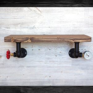 Wall Mounted Pipe / Wood Shelf with Valve Detail - Hand Made Industrial Home Rack / Storage & Organization