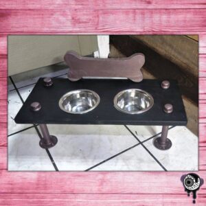 Industrial Wood and Pipe Free Standing Pet Bowl Holder Feeding Stand with cute bone Detail - Quality Hand Made Home Pet Supplies