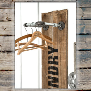 Wall Mounted Wooded Laundry Sign with Industrial Pipe Bar Hooks for Hanging Garments - Steampunk Laundry Room Decor